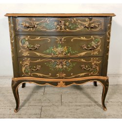 ANTICA COMO Luigi XV 1900 CASSETTIERA VENEZIANA 3 CASSETTI dipinta Verde Oro