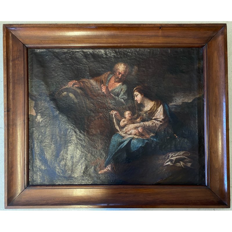 GRANDE ANTICO DIPINTO OLIO Sacra Famiglia FUGA in EGITTO ARTE RELIGIOSA 84x69 cm