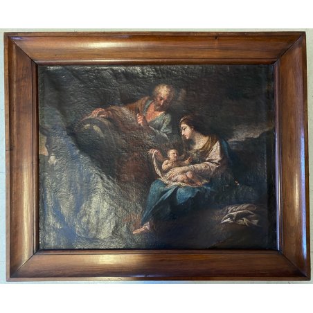 GRANDE ANTICO DIPINTO OLIO Sacra Famiglia FUGA in EGITTO ARTE RELIGIOSA 84x69 cm
