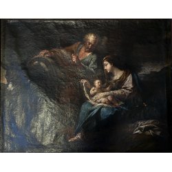 GRANDE ANTICO DIPINTO OLIO Sacra Famiglia FUGA in EGITTO ARTE RELIGIOSA 84x69 cm