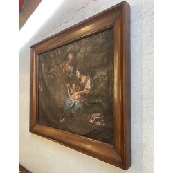 GRANDE ANTICO DIPINTO OLIO Sacra Famiglia FUGA in EGITTO ARTE RELIGIOSA 84x69 cm