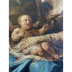 GRANDE ANTICO DIPINTO OLIO Sacra Famiglia FUGA in EGITTO ARTE RELIGIOSA 84x69 cm