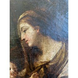 GRANDE ANTICO DIPINTO OLIO Sacra Famiglia FUGA in EGITTO ARTE RELIGIOSA 84x69 cm