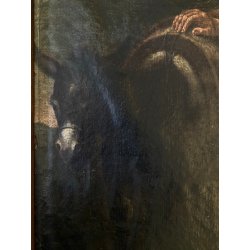 GRANDE ANTICO DIPINTO OLIO Sacra Famiglia FUGA in EGITTO ARTE RELIGIOSA 84x69 cm