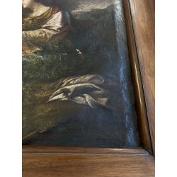 GRANDE ANTICO DIPINTO OLIO Sacra Famiglia FUGA in EGITTO ARTE RELIGIOSA 84x69 cm