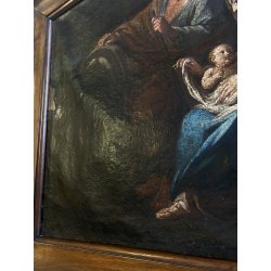 GRANDE ANTICO DIPINTO OLIO Sacra Famiglia FUGA in EGITTO ARTE RELIGIOSA 84x69 cm