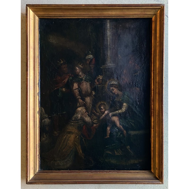 ANTICO DIPINTO OLIO Sacra Famiglia L' ADORAZIONE DEI MAGI RELIGIOSO  53,5 x69 cm