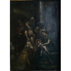 ANTICO DIPINTO OLIO Sacra Famiglia L' ADORAZIONE DEI MAGI RELIGIOSO  53,5 x69 cm