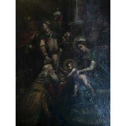 ANTICO DIPINTO OLIO Sacra Famiglia L' ADORAZIONE DEI MAGI RELIGIOSO  53,5 x69 cm