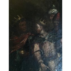 ANTICO DIPINTO OLIO Sacra Famiglia L' ADORAZIONE DEI MAGI RELIGIOSO  53,5 x69 cm