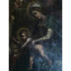 ANTICO DIPINTO OLIO Sacra Famiglia L' ADORAZIONE DEI MAGI RELIGIOSO  53,5 x69 cm