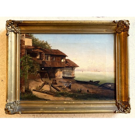 ANTICO DIPINTO OLIO VEDUTA "Squero di San Trovaso" CANTIERE GONDOLE VENEZIA 1874