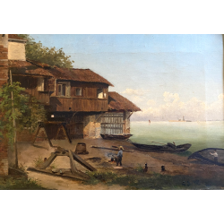 ANTICO DIPINTO OLIO VEDUTA "Squero di San Trovaso" CANTIERE GONDOLE VENEZIA 1874