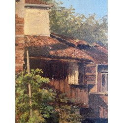 ANTICO DIPINTO OLIO VEDUTA "Squero di San Trovaso" CANTIERE GONDOLE VENEZIA 1874