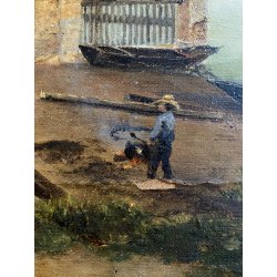 ANTICO DIPINTO OLIO VEDUTA "Squero di San Trovaso" CANTIERE GONDOLE VENEZIA 1874