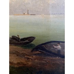 ANTICO DIPINTO OLIO VEDUTA "Squero di San Trovaso" CANTIERE GONDOLE VENEZIA 1874