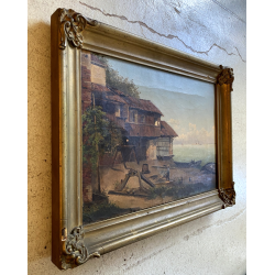 ANTICO DIPINTO OLIO VEDUTA "Squero di San Trovaso" CANTIERE GONDOLE VENEZIA 1874