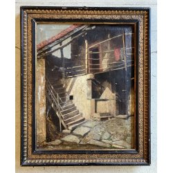 ANTICO QUADRO DIPINTO OLIO PAESAGGIO RURALE CORTILE SCALA BALLATOIO