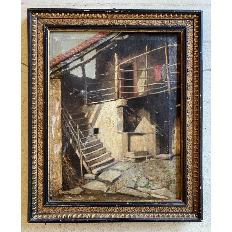 ANTICO QUADRO DIPINTO OLIO PAESAGGIO RURALE CORTILE SCALA BALLATOIO