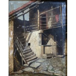 ANTICO QUADRO DIPINTO OLIO PAESAGGIO RURALE CORTILE SCALA BALLATOIO