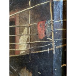 ANTICO QUADRO DIPINTO OLIO PAESAGGIO RURALE CORTILE SCALA BALLATOIO