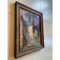 ANTICO QUADRO DIPINTO OLIO PAESAGGIO RURALE CORTILE SCALA BALLATOIO