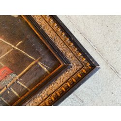 ANTICO QUADRO DIPINTO OLIO PAESAGGIO RURALE CORTILE SCALA BALLATOIO