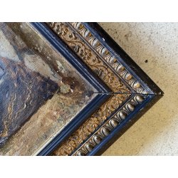 ANTICO QUADRO DIPINTO OLIO PAESAGGIO RURALE CORTILE SCALA BALLATOIO