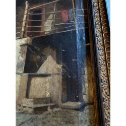 ANTICO QUADRO DIPINTO OLIO PAESAGGIO RURALE CORTILE SCALA BALLATOIO