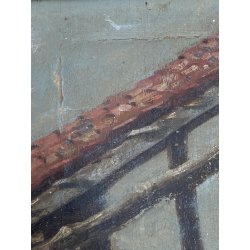 ANTICO QUADRO DIPINTO OLIO PAESAGGIO RURALE CORTILE SCALA BALLATOIO