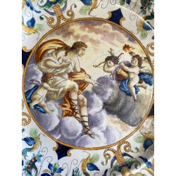 ANTICO PIATTO PARATA MAIOLICA POLICROMA SCENA MITOLOGICA DECORO GROTTESCHE ø52cm