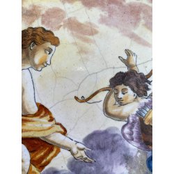 ANTICO PIATTO PARATA MAIOLICA POLICROMA SCENA MITOLOGICA DECORO GROTTESCHE ø52cm