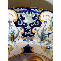 ANTICO PIATTO PARATA MAIOLICA POLICROMA SCENA MITOLOGICA DECORO GROTTESCHE ø52cm