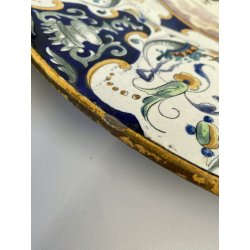 ANTICO PIATTO PARATA MAIOLICA POLICROMA SCENA MITOLOGICA DECORO GROTTESCHE ø52cm