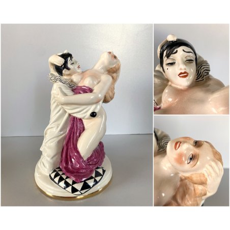 SCULTURA STATUINA CERAMICA POLICROMA Fabris PIERROT DONNA NUDO EROTICO ART DECO