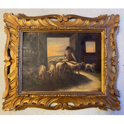 ANTICO QUADRO OLIO B. Russin SCENA GENERE PASTORE GREGGE PECORE OVILE TRAMONTO