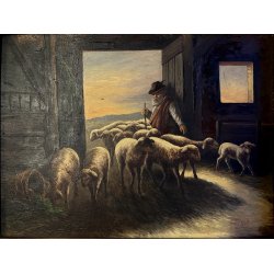 ANTICO QUADRO OLIO B. Russin SCENA GENERE PASTORE GREGGE PECORE OVILE TRAMONTO