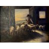 ANTICO QUADRO OLIO B. Russin SCENA GENERE PASTORE GREGGE PECORE OVILE TRAMONTO