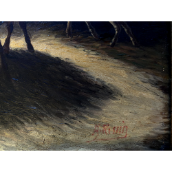 ANTICO QUADRO OLIO B. Russin SCENA GENERE PASTORE GREGGE PECORE OVILE TRAMONTO