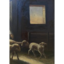 ANTICO QUADRO OLIO B. Russin SCENA GENERE PASTORE GREGGE PECORE OVILE TRAMONTO