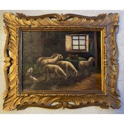 ANTICO QUADRO OLIO B. Russin SCENA di GENERE INTERNO OVILE PECORE GALLINE FIENO