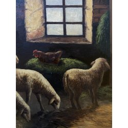 ANTICO QUADRO OLIO B. Russin SCENA di GENERE INTERNO OVILE PECORE GALLINE FIENO