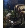 ANTICO QUADRO OLIO B. Russin SCENA di GENERE INTERNO OVILE PECORE GALLINE FIENO