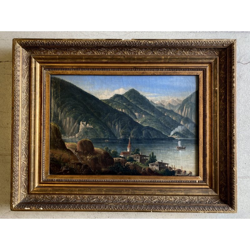 DIPINTO OLIO VEDUTA di FANTASIA PAESAGGIO STRESA LAGO MAGGIORE EPOCA '800