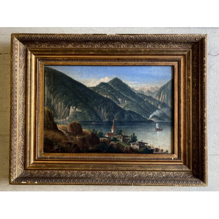 DIPINTO OLIO VEDUTA di FANTASIA PAESAGGIO STRESA LAGO MAGGIORE EPOCA '800