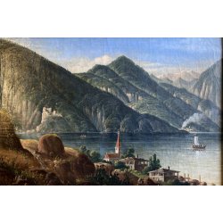 DIPINTO OLIO VEDUTA di FANTASIA PAESAGGIO STRESA LAGO MAGGIORE EPOCA '800