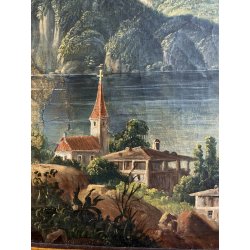 DIPINTO OLIO VEDUTA di FANTASIA PAESAGGIO STRESA LAGO MAGGIORE EPOCA '800
