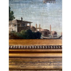 DIPINTO OLIO VEDUTA di FANTASIA PAESAGGIO STRESA LAGO MAGGIORE EPOCA '800