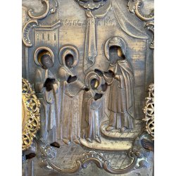 ICONA SACRA RUSSA ORTODOSSA RIZA METALLO DECORO SBALZO ARTE CRISTIANA ORIENTALE