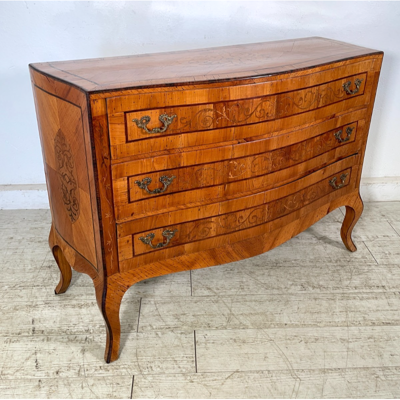 ANTICO COMO intarsiato LUIGI XV 3 CASSETTI epoca '900 legno NOCE CASSETTIERA